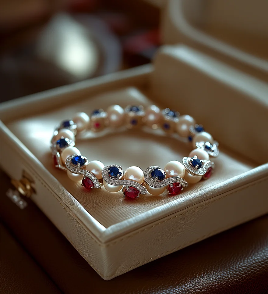 Custom sapphire diamond ruby white pearl bracelet. Pearl bracelets. US