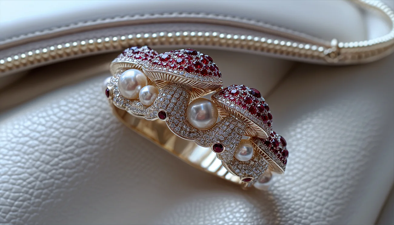 Exclusive 18k pink gold diamond ruby white pearl bracelet mushroom design. Pearl bracelets. US