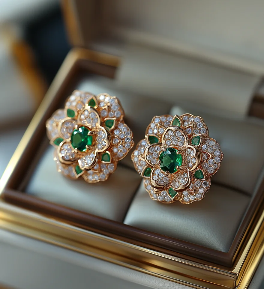 Emerald & Diamond Custom Floral Design Earrings. Olertis 18K Yellow Gold Emerald & Diamond Custom Floral Design Earrings. Custom Earrings. US