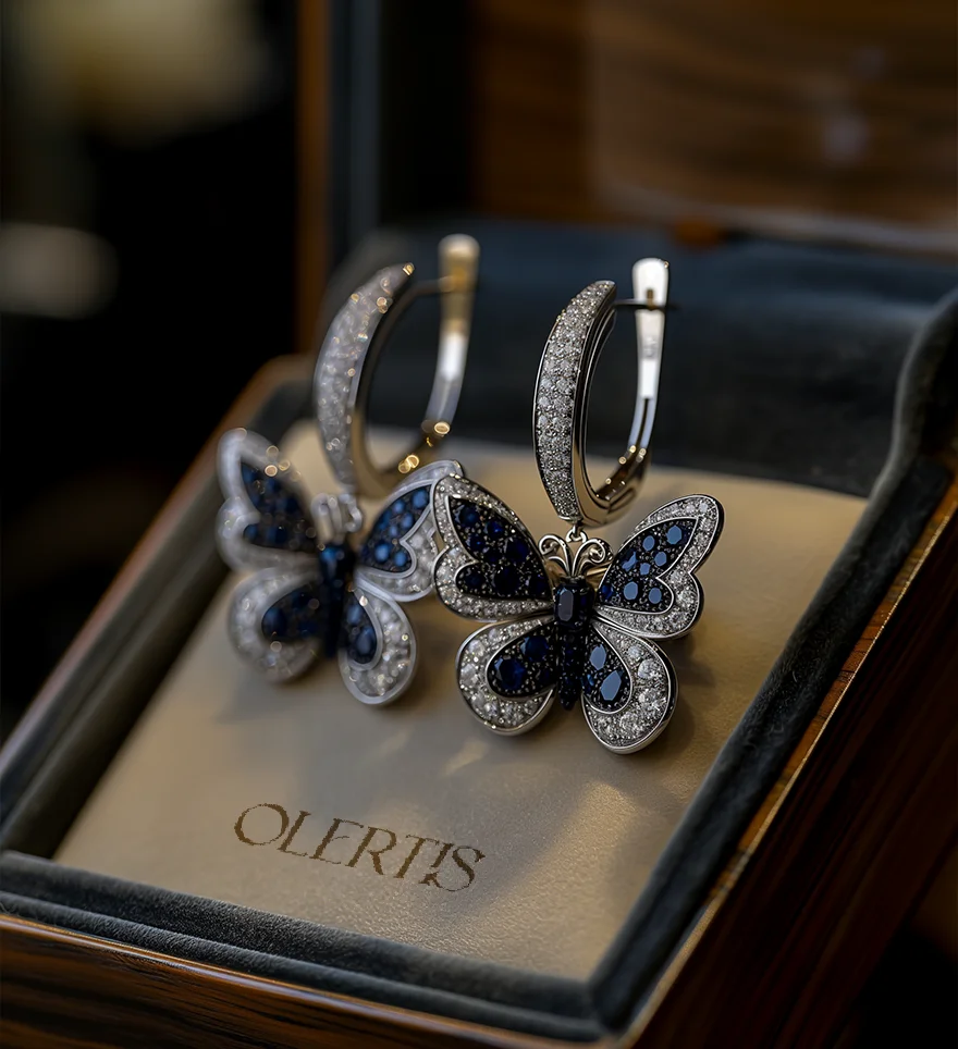 White Gold Sapphire & Diamond Custom Butterfly Earrings. Olertis 18K White Gold Sapphire & Diamond Custom Butterfly Earrings. Pave stone setting. Custom Earrings. US