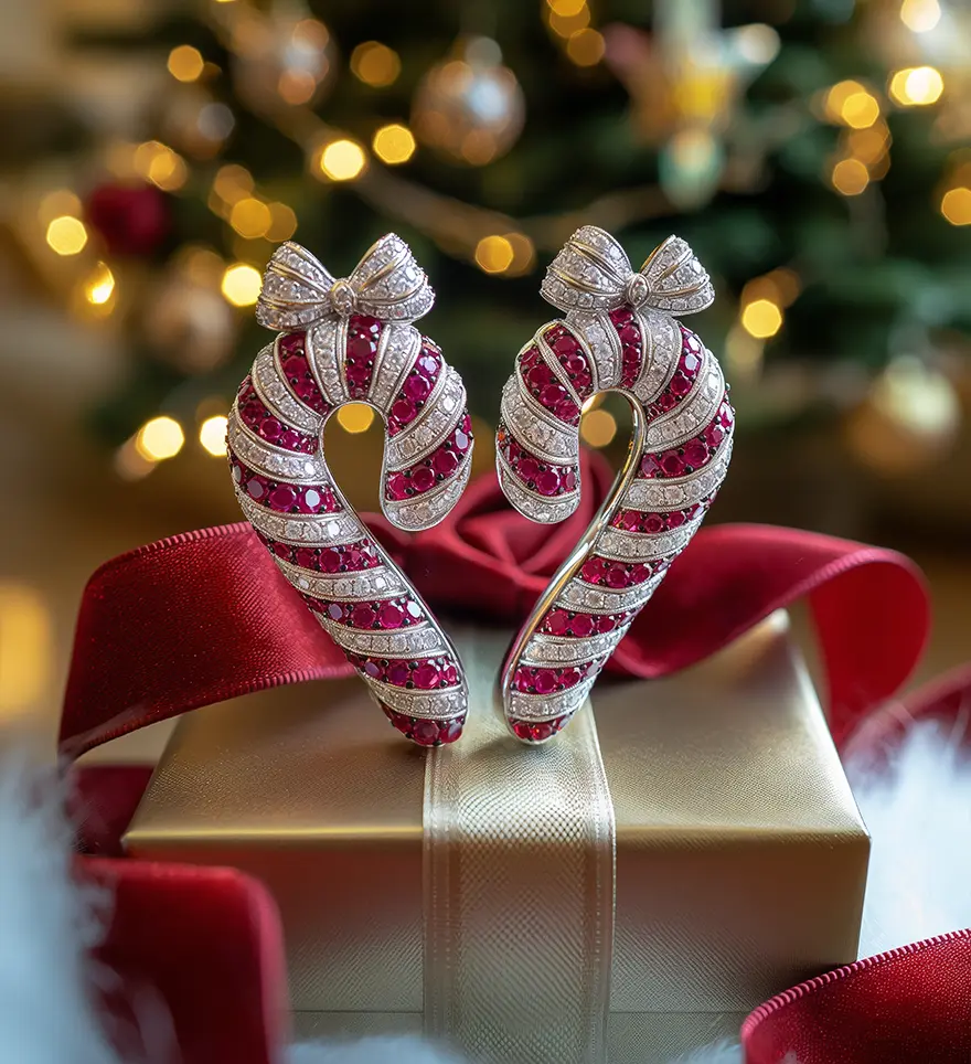 18k White Gold Diamond And Ruby Candy Cane Bow Pave Xmas Earrings. Christmas Earrings. US