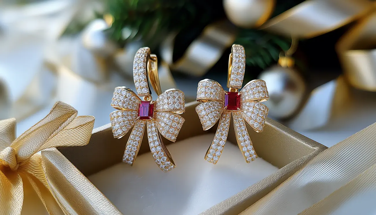 18k Yellow Gold Octagon Ruby And Diamond Bow Christmas Earrings. Christmas Earrings. US