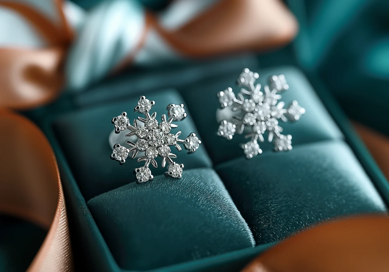 18k White Gold Diamond Snowflake Christmas Stud Earrings. Christmas Earrings. US