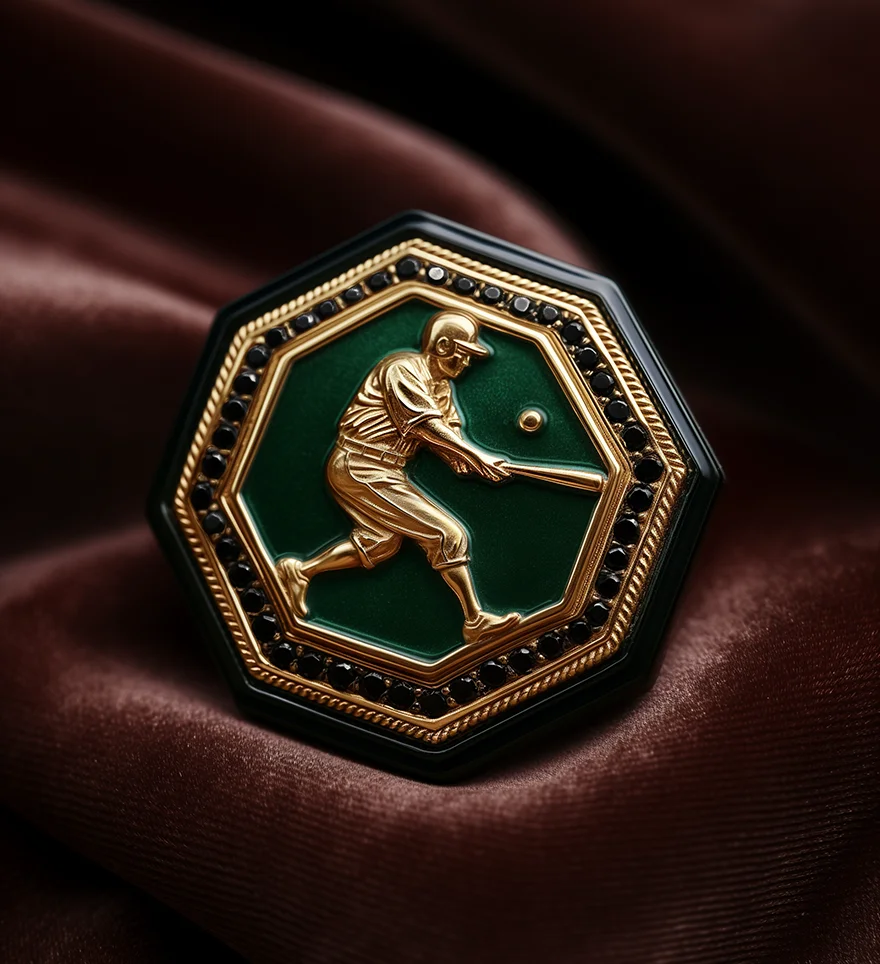 Custom 18k Yellow Gold Soft Green Enamel Black Diamond Baseball Player Pin. Custom Enamel Pins. US