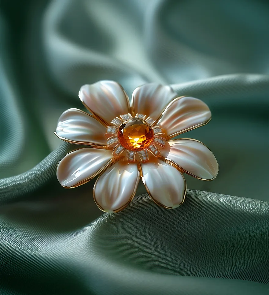 Custom 18k Red Gold Hard White Enamel Citrine and Diamond Daisy Flower Pin. Custom Enamel Pins. US