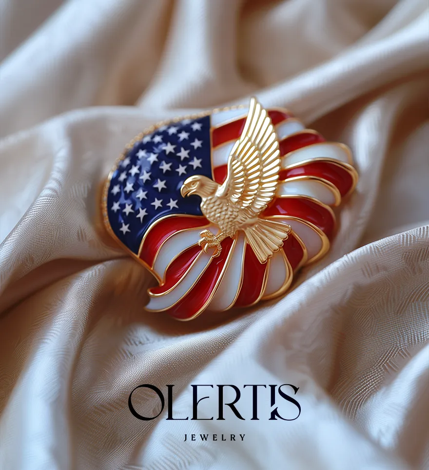 Custom 18k Yellow Gold Soft Enamel Eagle American Stars and Stripes Flag Pin. Custom Enamel Pins. US