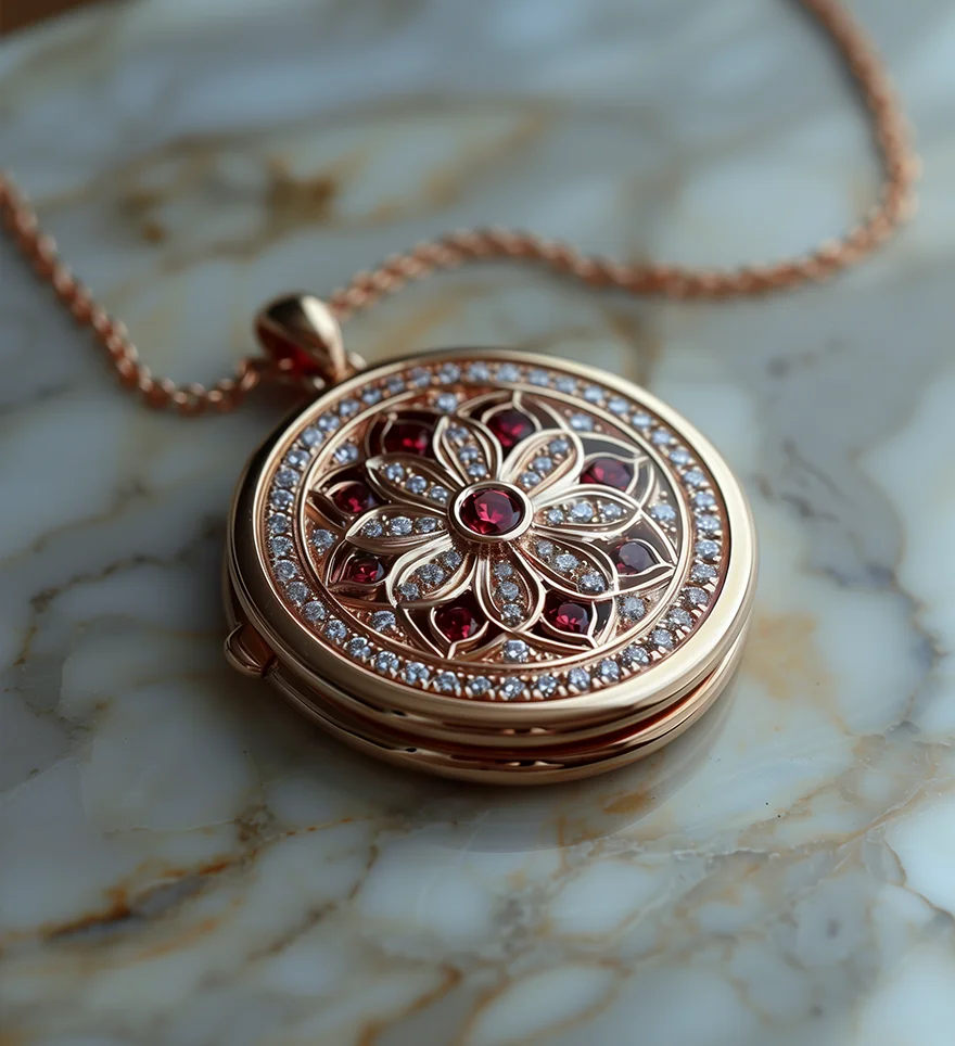 Custom 18K Rose Gold Diamond & Ruby Round Floral Design Locket on a Chain. Customized Locket. US