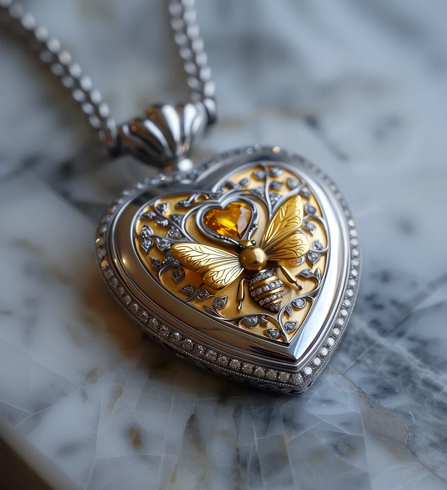 Custom 18K White Gold Diamond & Citrine Heart-Shaped Locket on a Chain with Bee Sculpture. Customized Locket. US