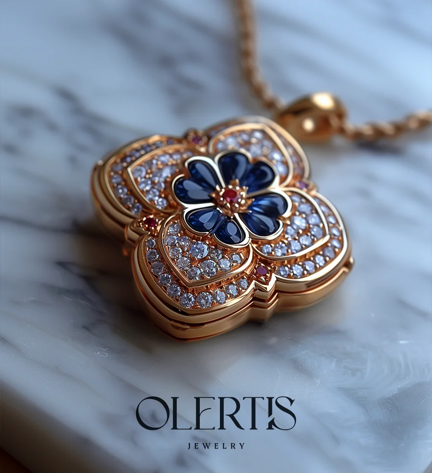 Custom 18K Rose Gold Diamond Sapphire & Ruby Floral Design Four Leaflets Locket on a Chain. Customized Locket. US