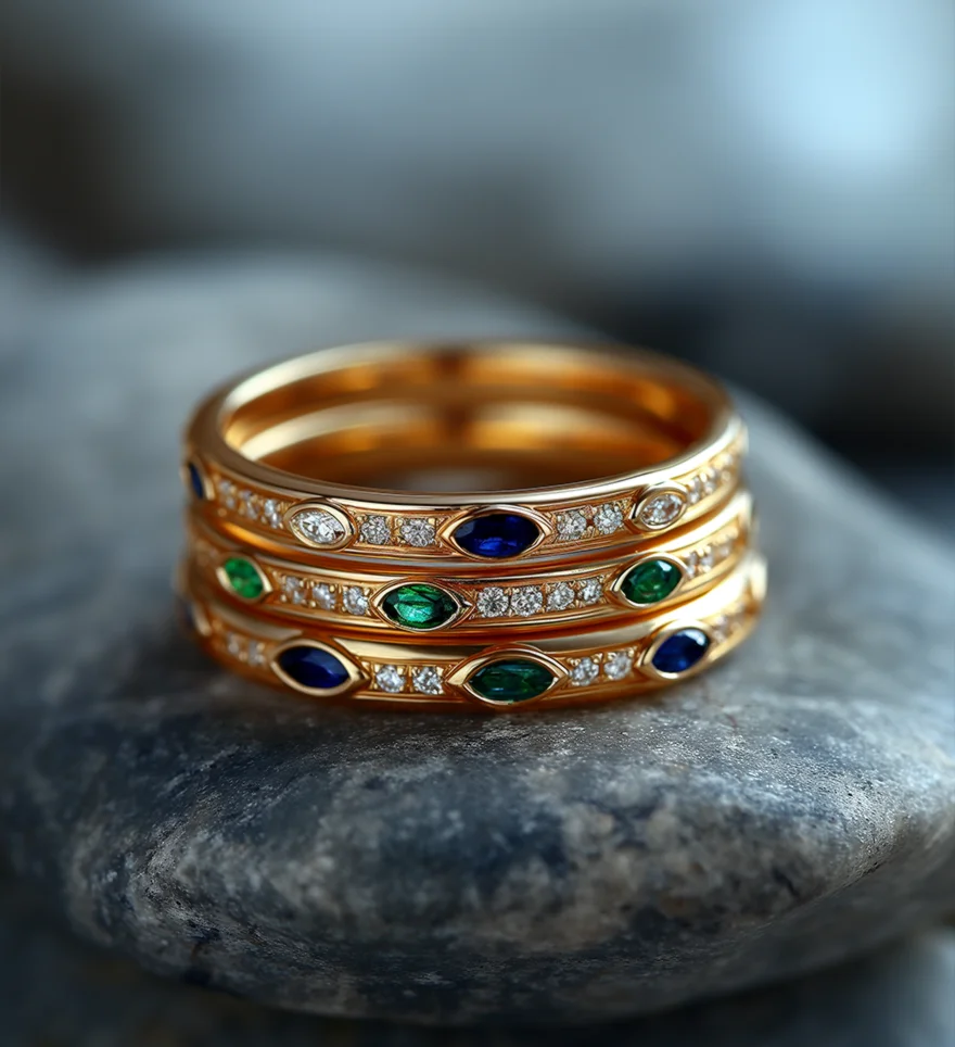 18k Yellow Gold Marquise-Cut Emerald Sapphire And Round Diamond French Pave Stackable Wedding Bands. US