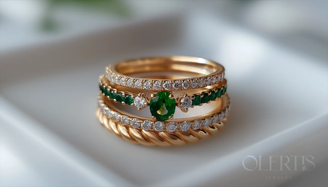 18k Red Gold Oval Emerald And Round Diamond French Pave Stackable Wedding Bands. US