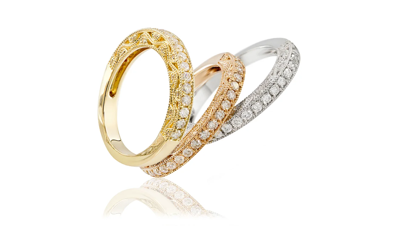 18k White Yellow And Red Gold Round Diamond Tricolor French Pave Stackable Wedding Bands. US