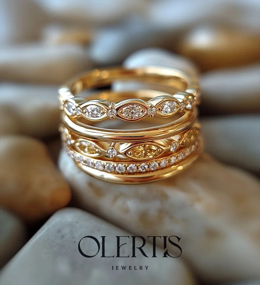 18k Yellow Gold Marquise-Cut and Round Yellow And Clear Diamond French Pave Stackable Wedding Bands. US