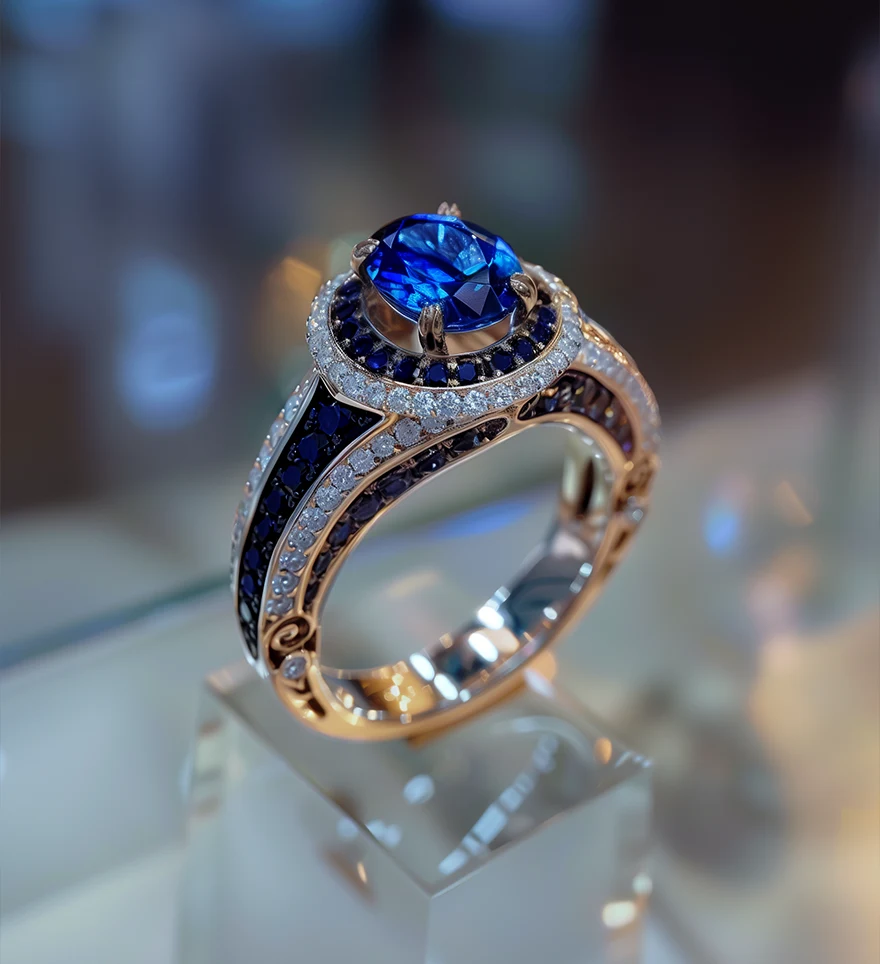 18K Rose Gold Blue Diamond and Sapphire Pave Engagement Ring. Unique Engagement Rings. US