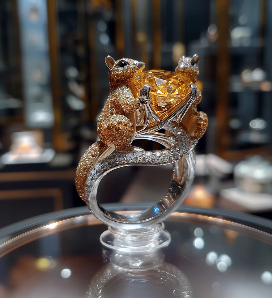 18K White And Yellow Gold Clear and Yellow Diamond Engagement Ring Two Squirrels holding a central yellow diamond. Unique Engagement Rings. US