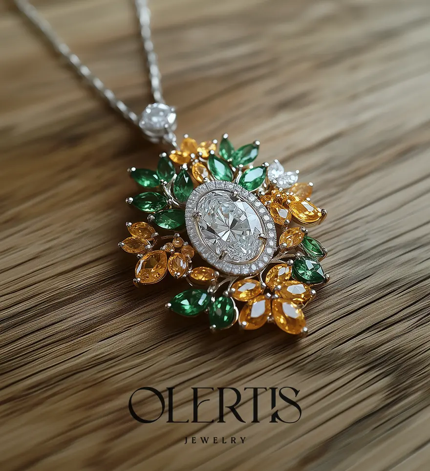 18K White Gold Diamond Oval Moissanite Orange sapphire Emerald Autumn Leaves Custom Pendant on a white gold chain. Custom Moissanite Pendant. US