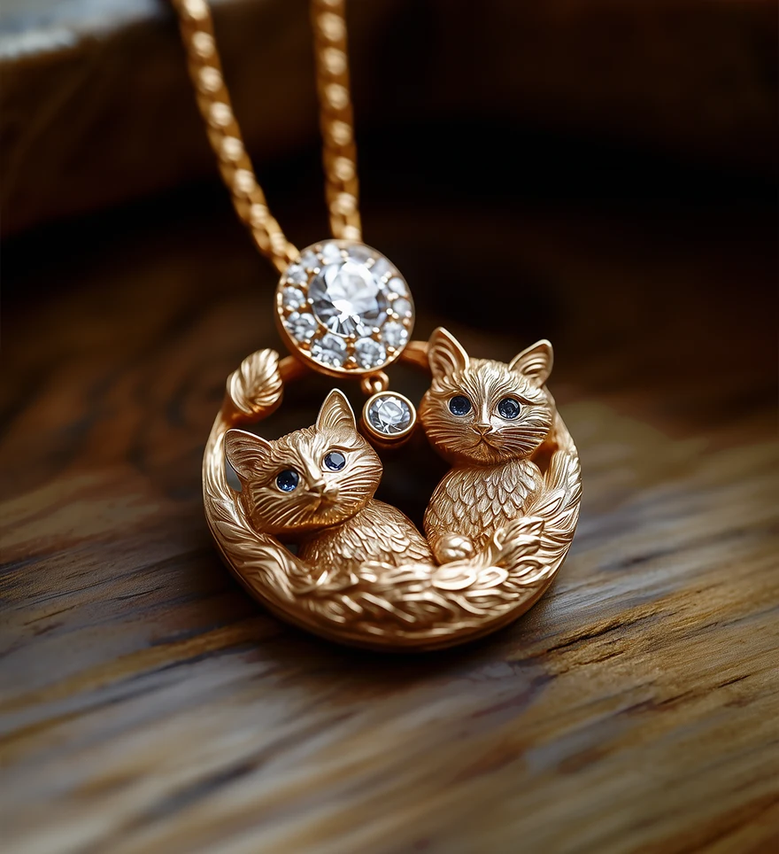 18K Rose Gold Diamond and Round Moissanite Two Kittens Friends Custom Pendant on a rose gold chain. Custom Moissanite Pendant. US