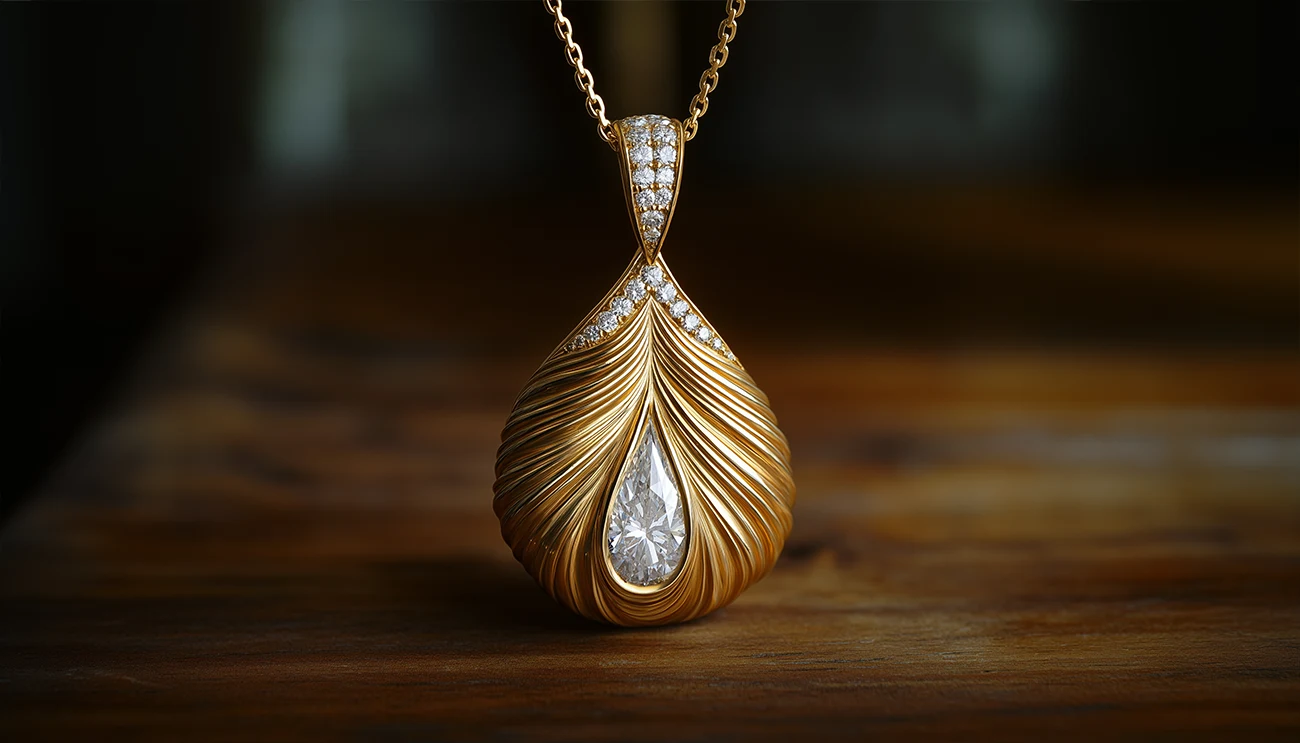 18K Yellow Gold Diamond and Pear-Shaped Moissanite Peacock Feather Custom Pendant on a yellow gold chain. Custom Moissanite Pendant. US