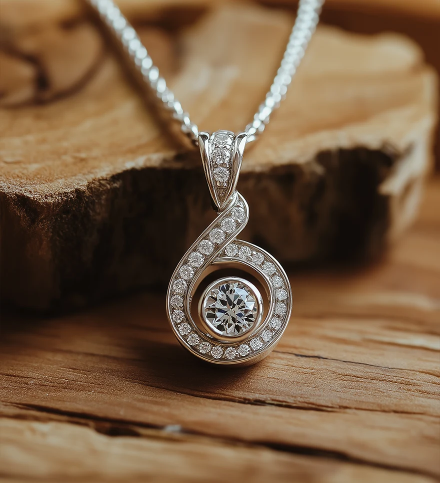 18K White Gold Diamond and Round Moissanite Pave Twisted G-Clef Custom Pendant on a white gold chain. Custom Moissanite Pendant. US