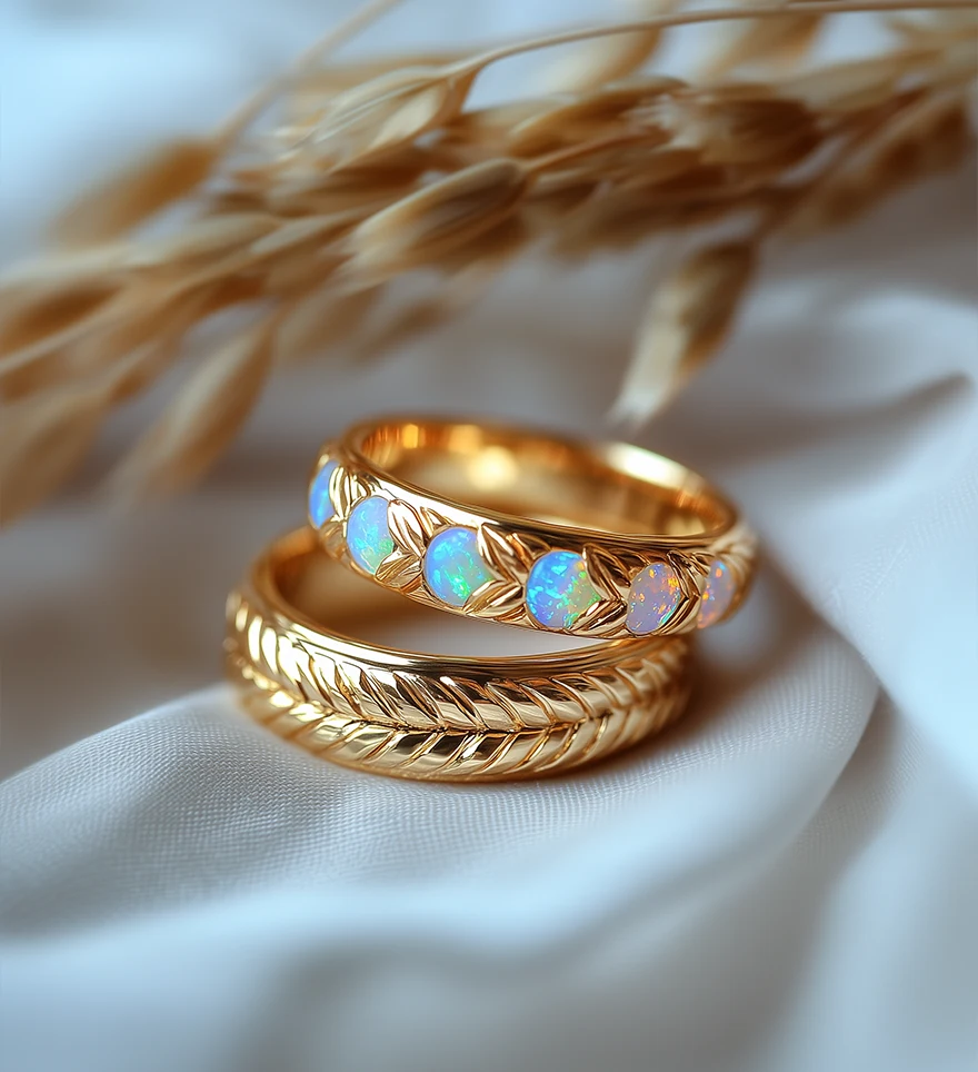 Custom 18K Yellow Gold Opal Leaves and Spikelets Wedding Rings. Opal Wedding Band. US