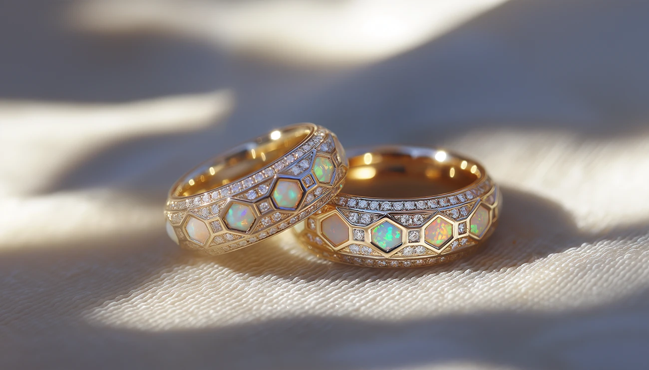 Custom 18K Yellow Gold Opal and Diamond Eternity Wedding Rings. Opal Wedding Band. US