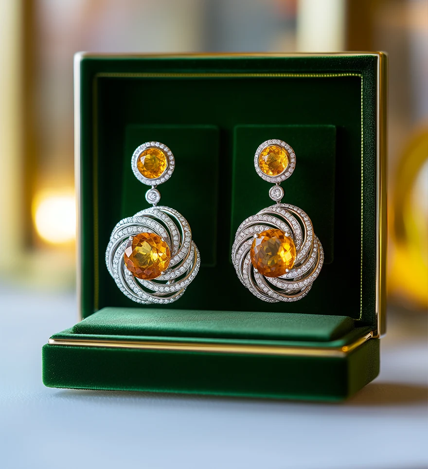 Sterling Silver Citrine and Lab-Grown Diamond Spiral Design Dangle Stud Earrings. Silver Earrings. US
