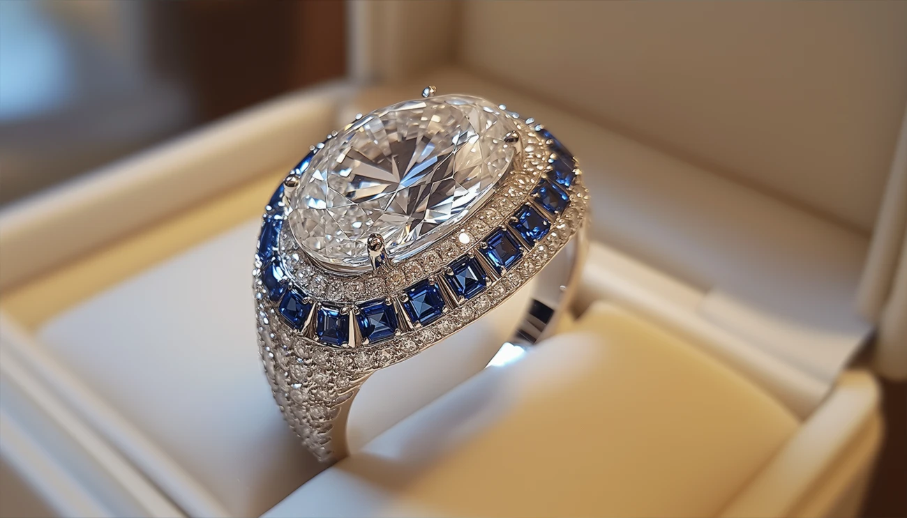 18K White Gold Central Large Oval Lab-Grown Diamond and Square Sapphire Pave Ring. Lab-Grown Diamond Ring. US