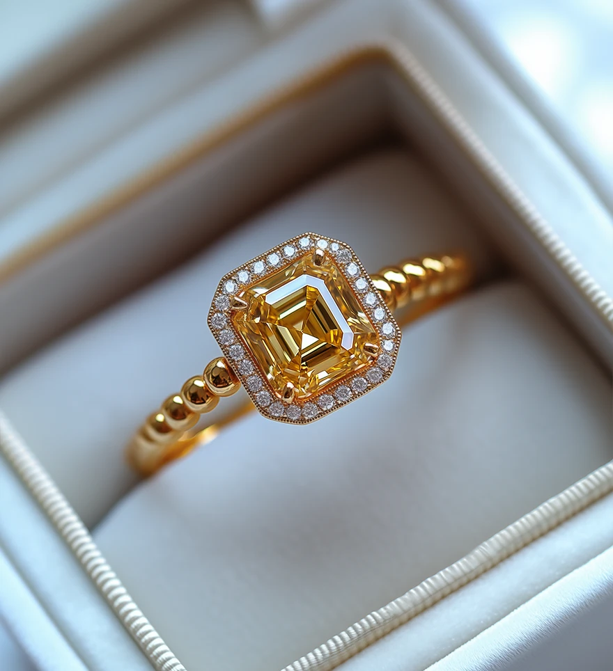 18K Yellow Gold Asscher Yellow Diamond And White Pave Diamond Halo Engagement Ring on Yellow Gold Beaded Band. Personalized Diamond Engagement Rings. US