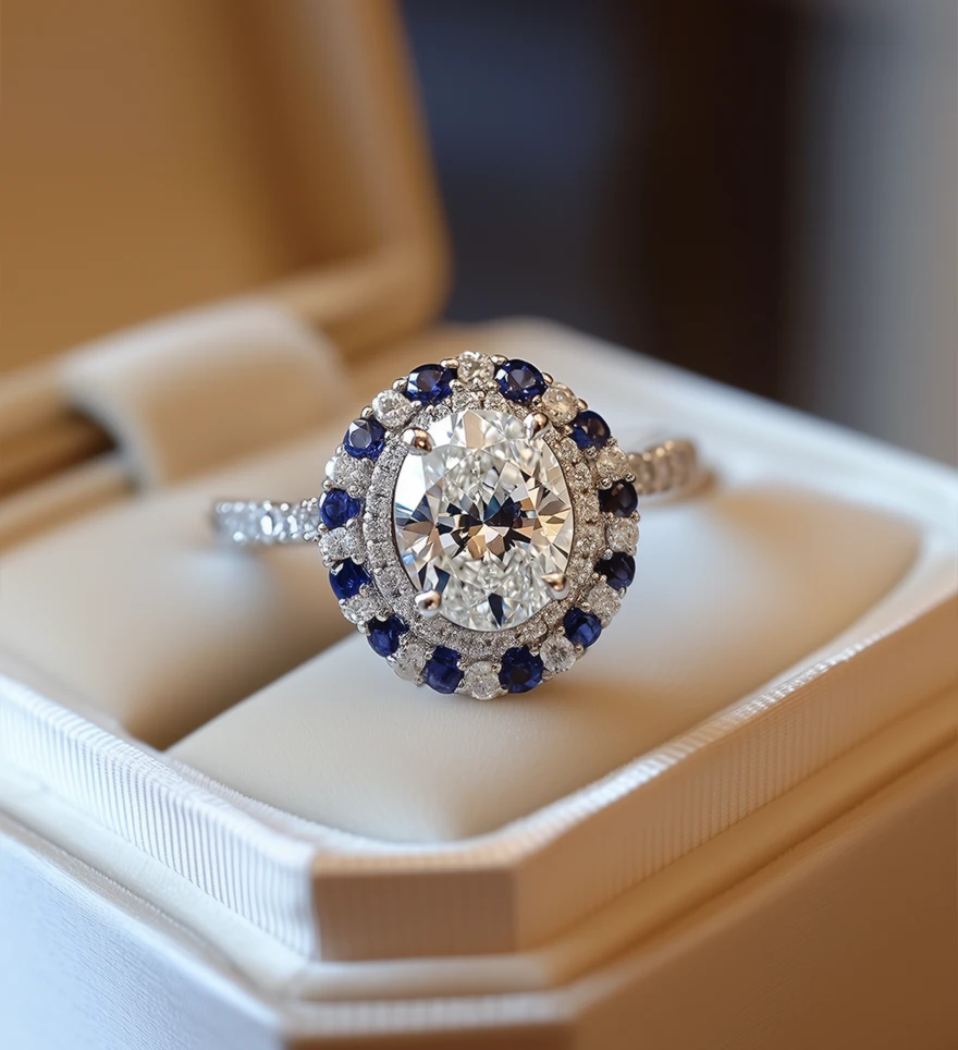 18K White Gold Oval Diamond And Sapphire Pave Halo Engagement Ring. Personalized Diamond Engagement Rings. US