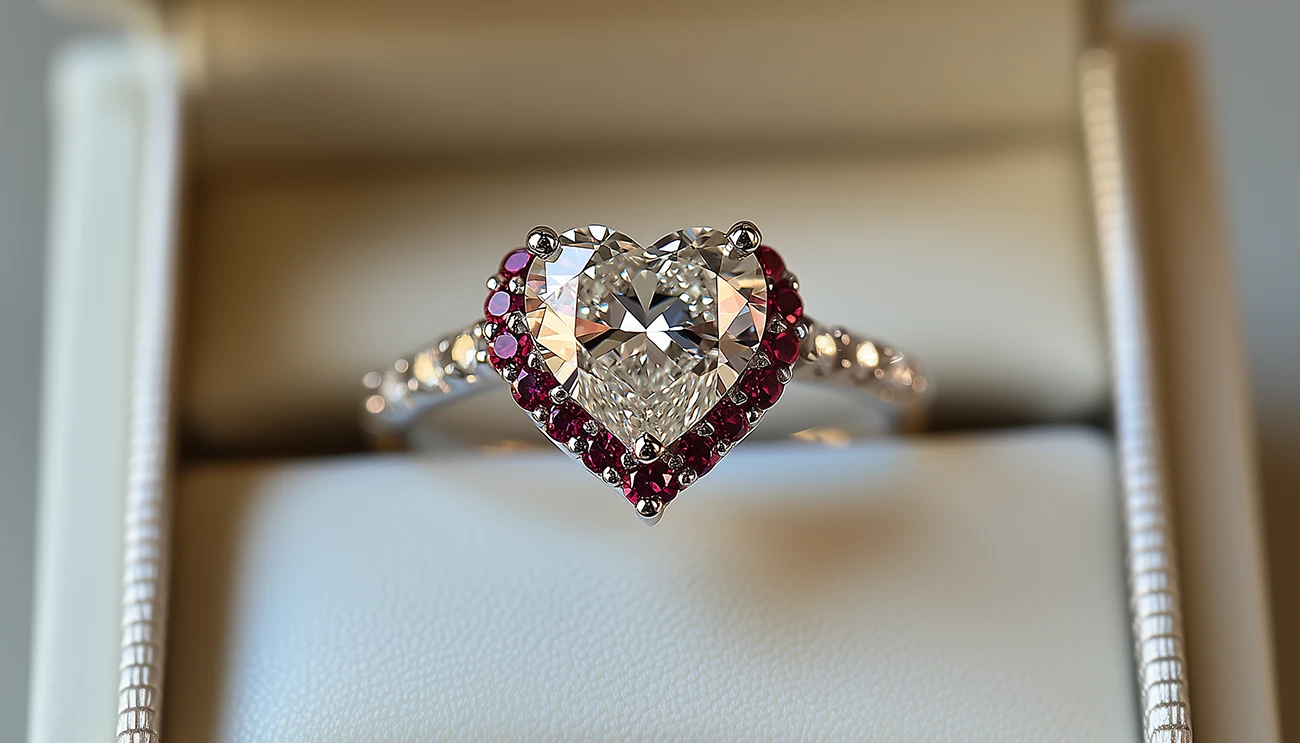 18K White Gold Heart-Cut Diamond And Ruby Pave Engagement Ring. Personalized Diamond Engagement Rings. US