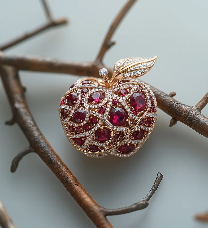 18K Rose Gold Diamond and Ruby Apple and Leaf Brooch on the tree branch. Designer Brooch. US