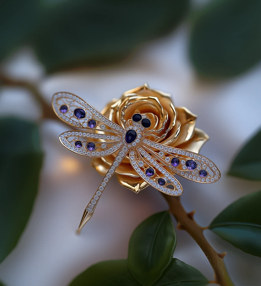 18K Yellow Gold Diamond and Amethyst Dragonfly on the yellow gold rose Brooch. Designer Brooch. US