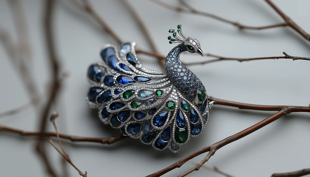 18K White Gold Diamond Sapphire Topaz and Emerald Peacock Brooch sitting on the tree branch. Designer Brooch. US