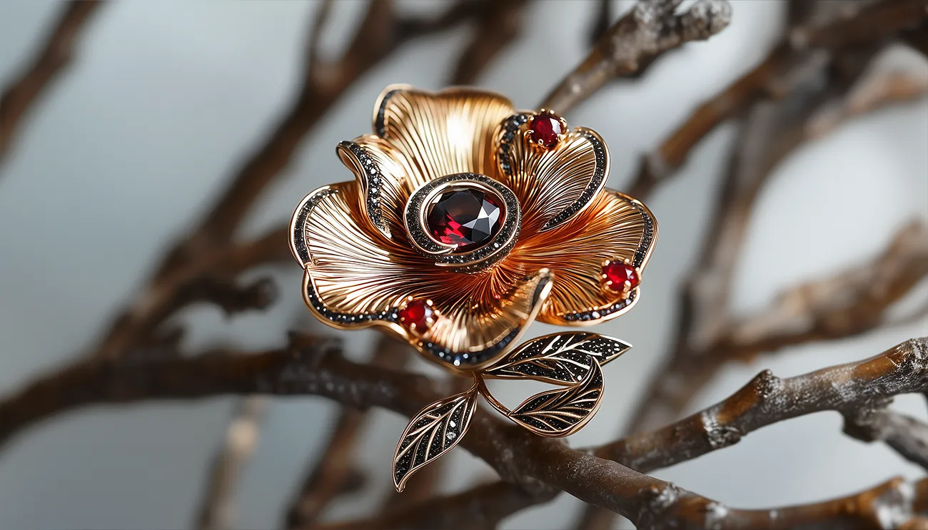 18K Red Gold Black Diamond and Garnet Poppy with Ruby Leaves Brooch on the tree branch. Designer Brooch. US