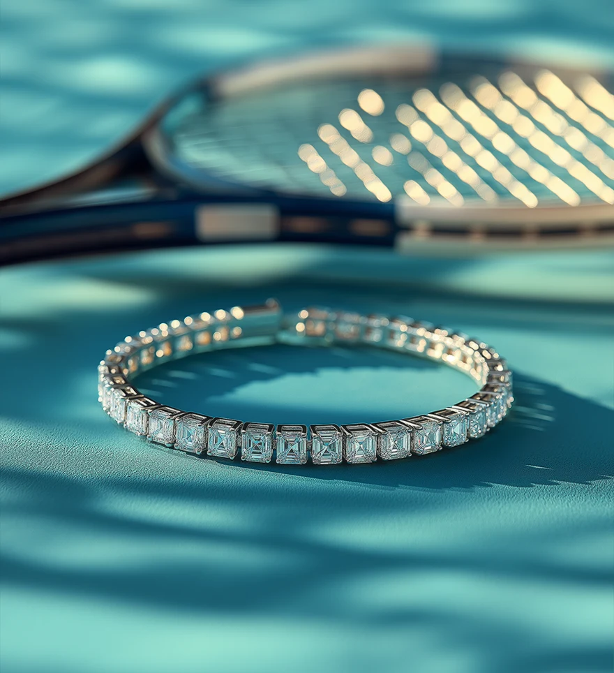 18K White Gold Princess Diamond Bracelet laying at the tennis court close to tennis racket. Diamond Tennis Bracelet. US