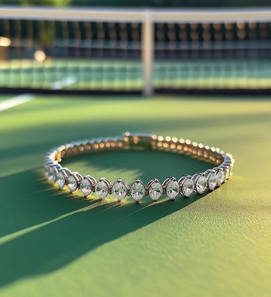 18K White Gold Marquise Diamond Bracelet at the tennis court. Diamond Tennis Bracelet. US