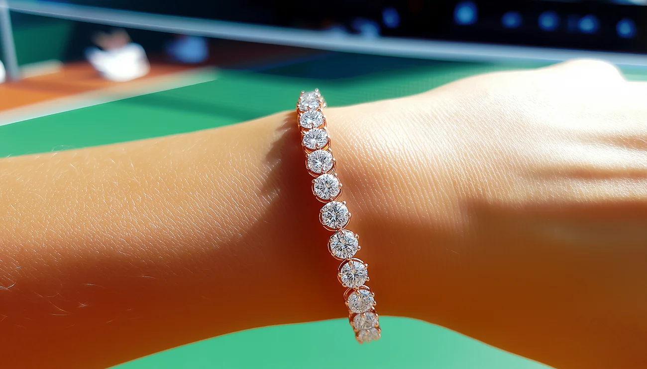 18K Rose Gold Round-Cut Diamond Bracelet on the hand wrist. Diamond Tennis Bracelet. US