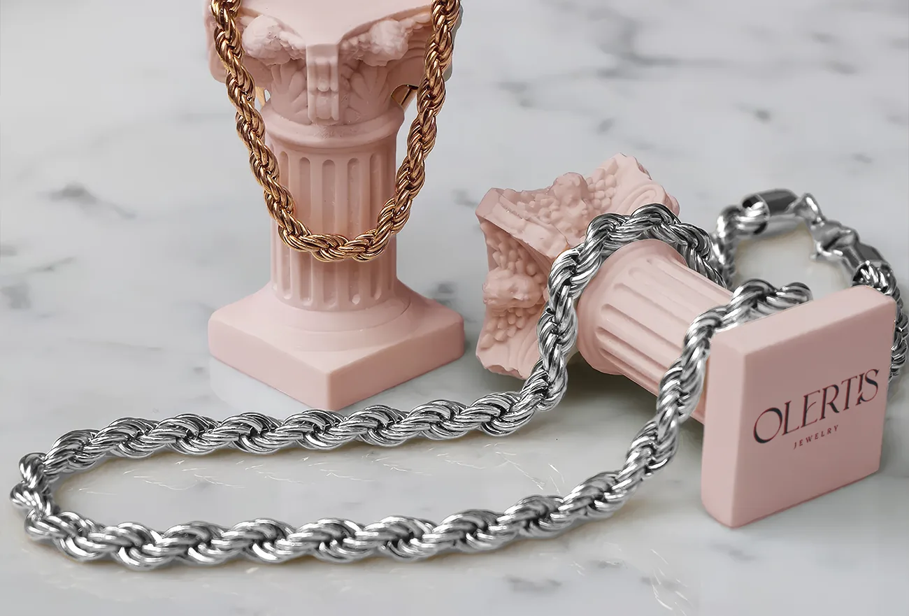 Platinum Rope Chain, Rose Gold Chain on the marble sculpture. US