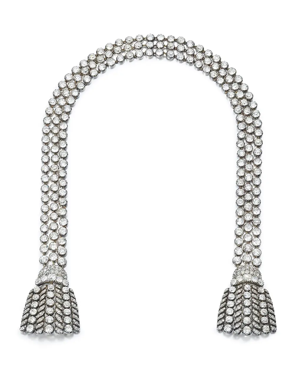 A 300 carat necklace design incorporates three strings of diamonds that end with elegant tassels. Sotheby's Auction House to Present Diamond Necklace That Predates the French Revolution. US