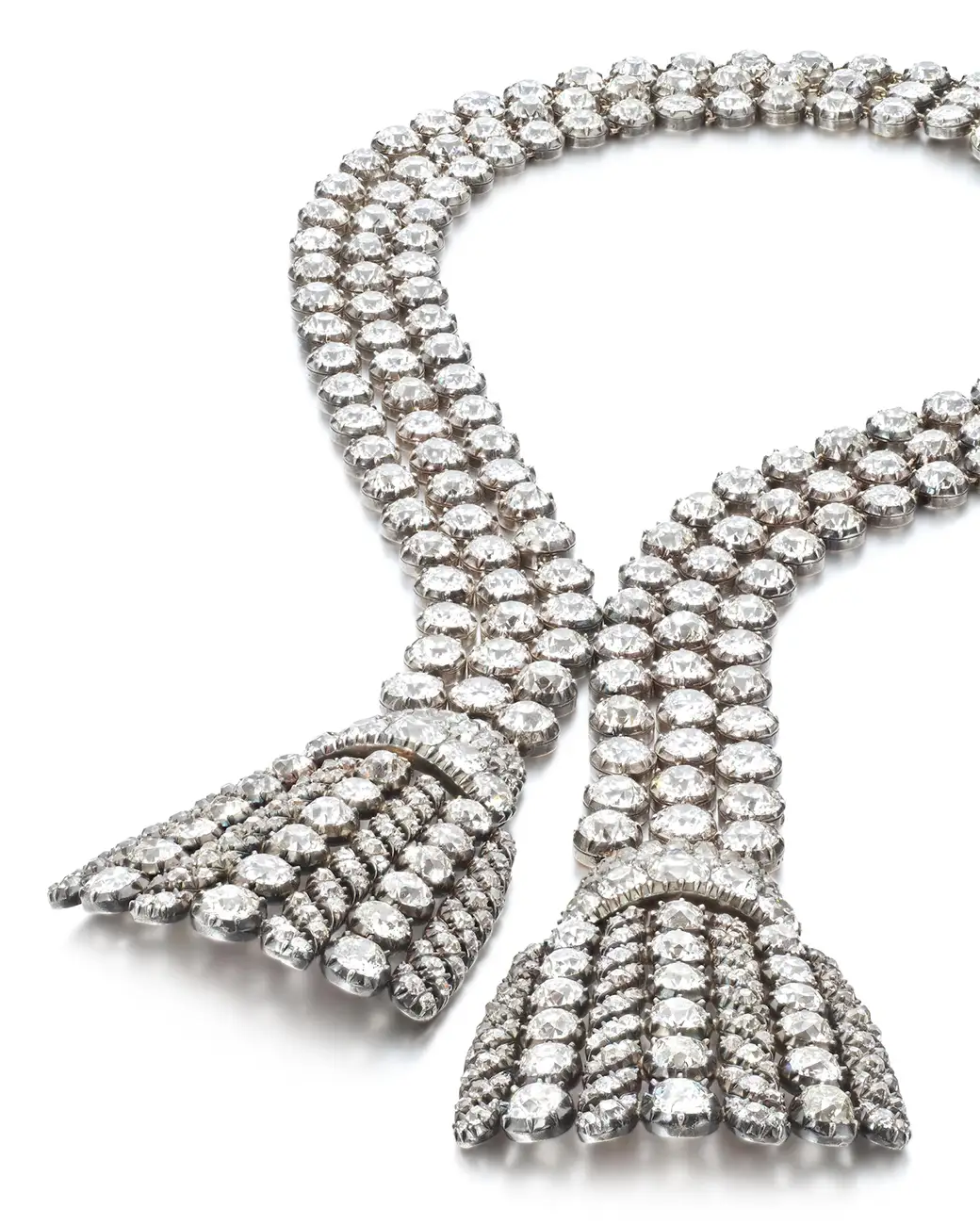 A 300 carat necklace design incorporates three strings of diamonds that end with elegant tassels. Sotheby's Auction House to Present Diamond Necklace That Predates the French Revolution. US