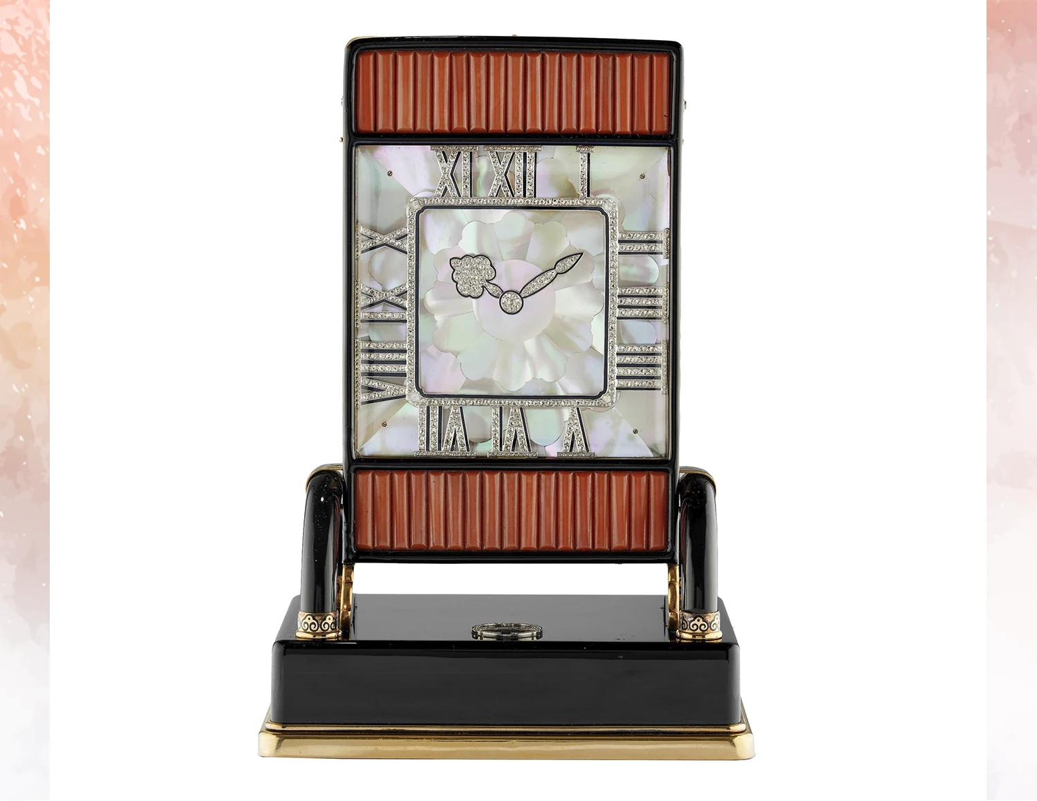 Clock CARTIER NEW YORK. View option 2. Enamel, mother-of-pearl, coral, onyx and diamond table clock. Exclusive Jewels and Bespoke Art to Star at Bonhams Paris Auction Event. US