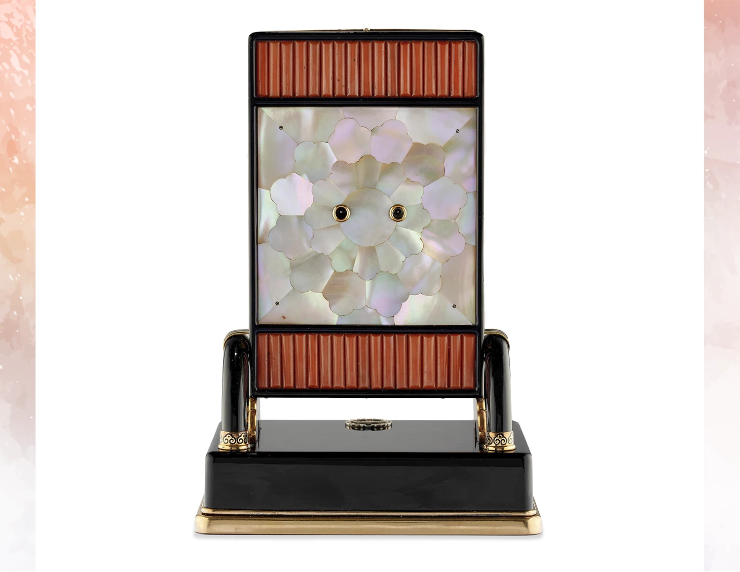 Clock CARTIER NEW YORK. Enamel, mother-of-pearl, coral, onyx and diamond table clock. View option 1. Exclusive Jewels and Bespoke Art to Star at Bonhams Paris Auction Event. US