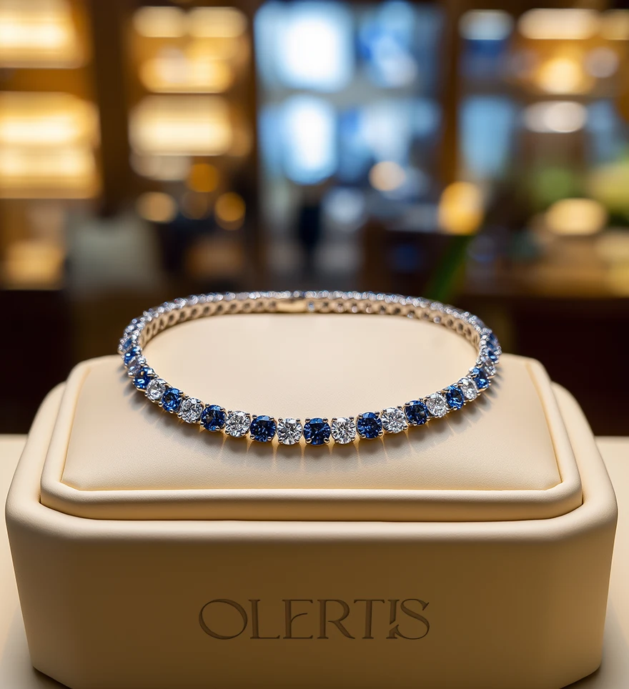 18K White Gold Blue and Clear Round-Cut Diamond Necklace. Tennis Necklace. Olertis