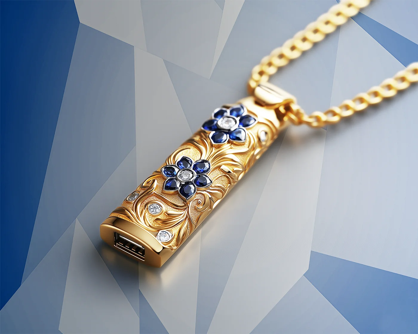 USB Flash Drive Yellow Gold Diamond and Sapphire Pendant. The Marriage of Innovation and Elegance: How Does the Future of Digital Jewelry Look Like? Olertis