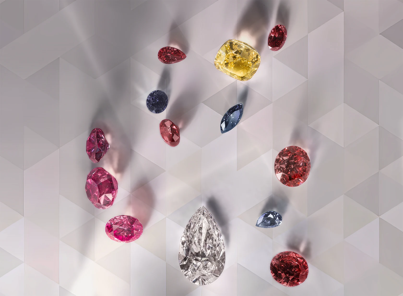 Blue marquise, round and pear cut diamonds. Red round diamonds. Pink round diamonds. Oval red diamond. Large yellow cushion cut diamond. Large clear pear cut diamond. Rio Tinto s 2024 Beyond Rare Tender with Iconic Argyle and Diavik Diamonds. US