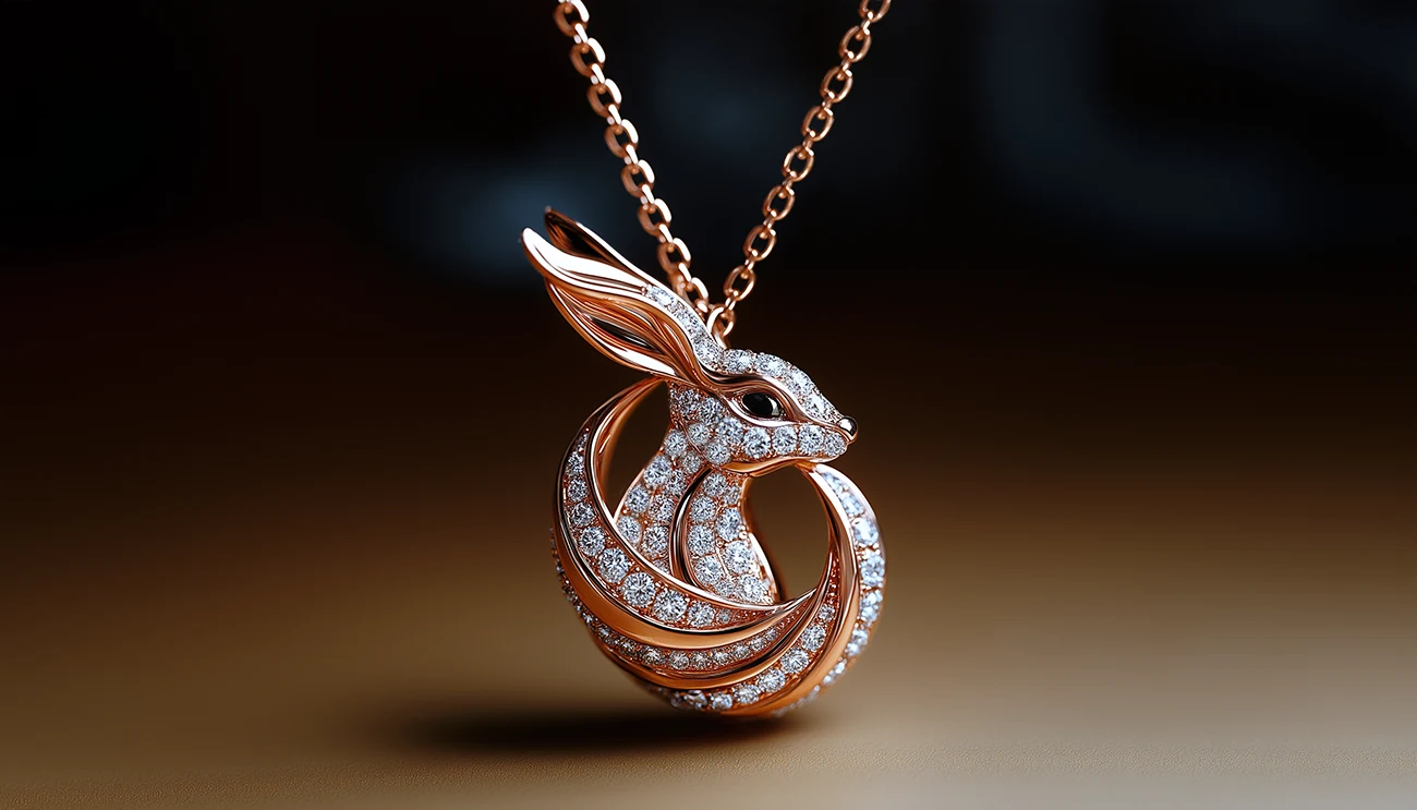 18K Rose Gold Clear Round-Cut Lab Diamond Bunny Pendant. Custom Lab Diamond Pendant. US