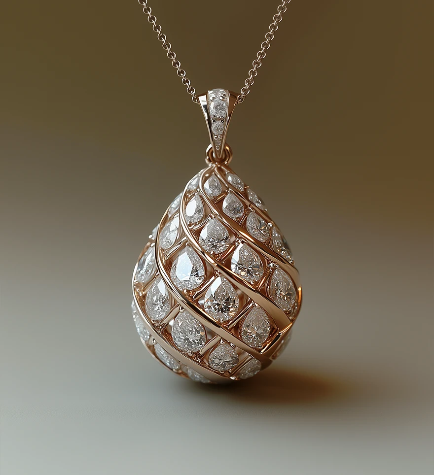 18K Rose Gold Clear Pear-Cut Lab Diamond Pine Cone Pendant. Custom Lab Diamond Pendant. US