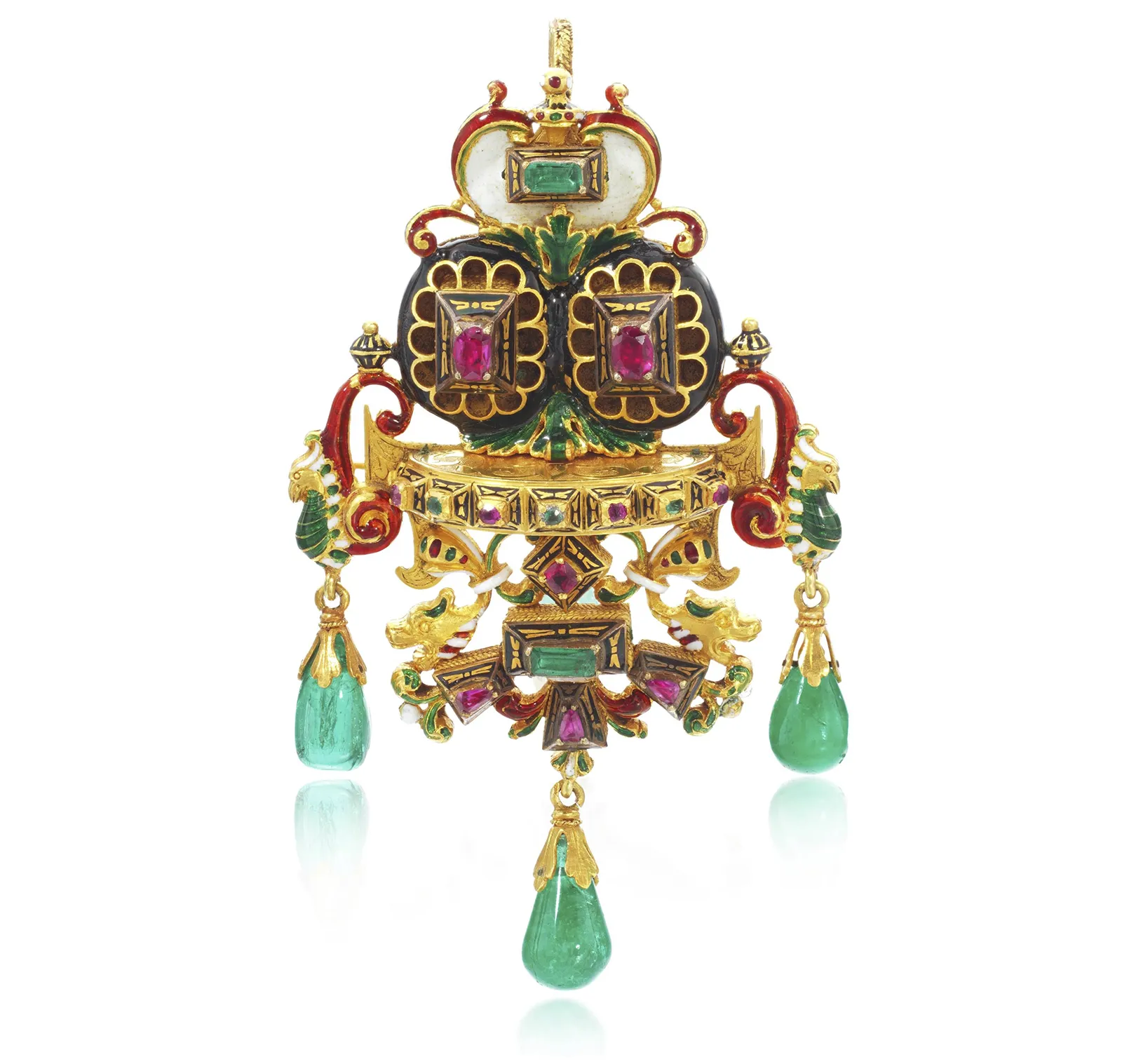 Yellow gold Castellani Emerald ruby and enamel brooch. Sotheby’s Geneva to Present Rare Vintage Jewels on November 13. US