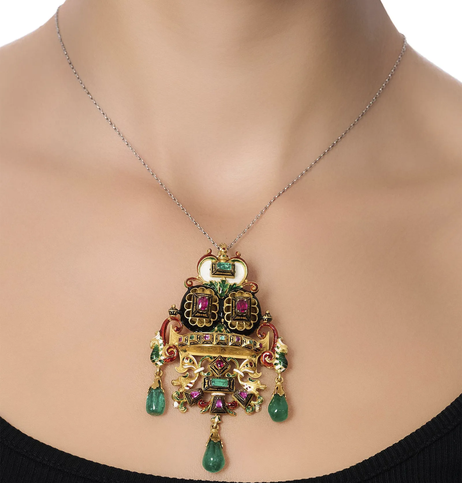 Castellani Emerald ruby and enamel brooch on a chain. Sotheby’s Geneva to Present Rare Vintage Jewels on November 13. US