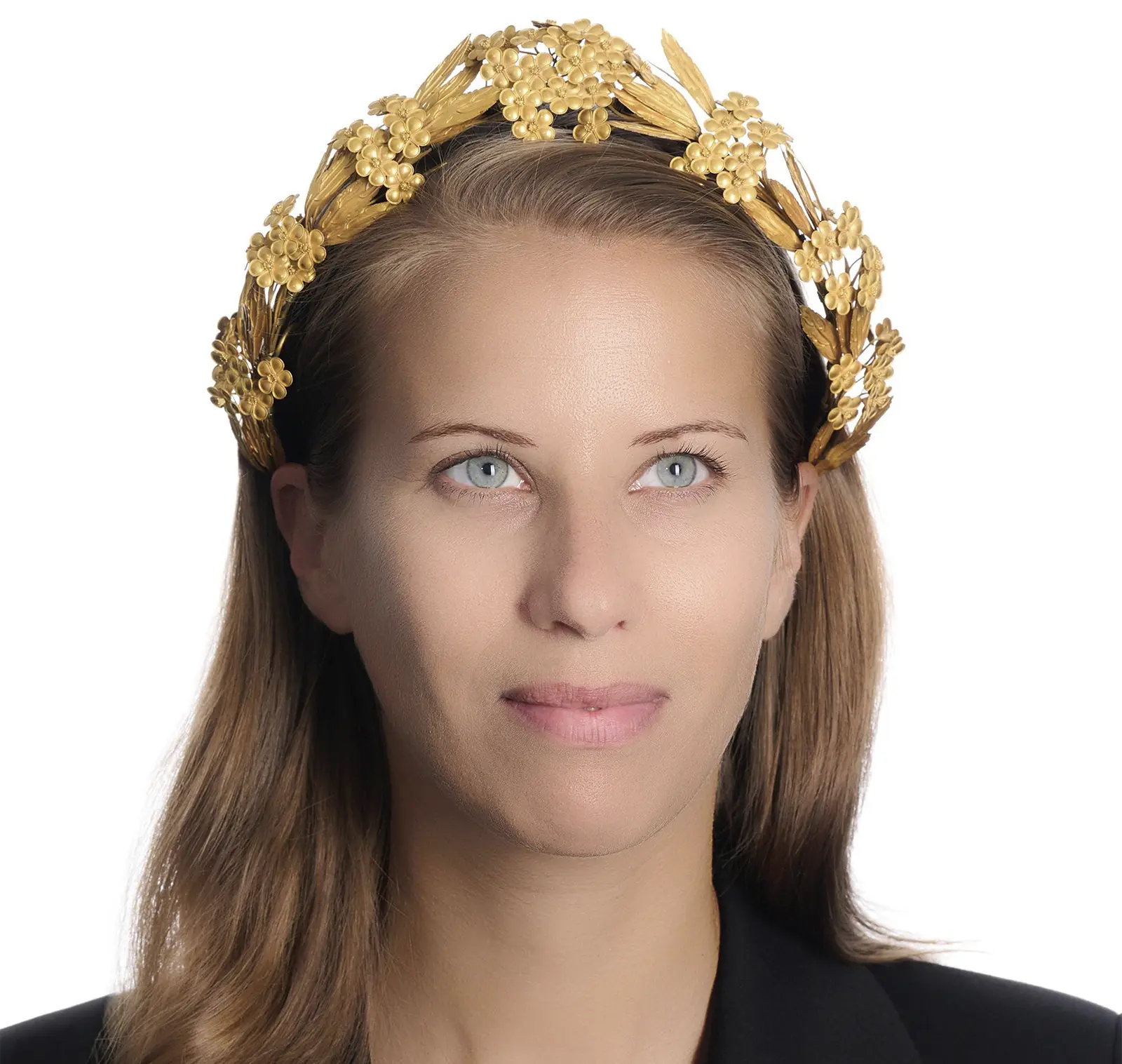 Woman wearing a Castellani gold tiara flowering laurel wreath. Sotheby’s Geneva to Present Rare Vintage Jewels on November 13. US